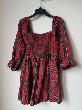 Red Plaid Smocked Square-Neck Dress
